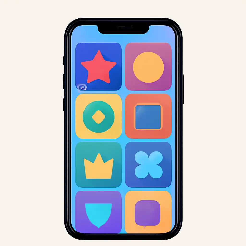 Smartphone shown from the front displaying a colourful flat layout of abstract game icons and rounded tiles (no text, no letters, no labels), BDG Game