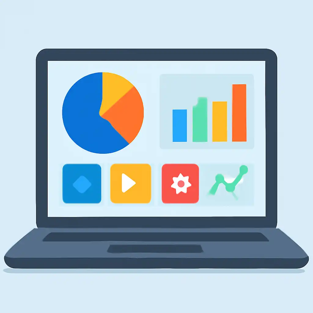 Laptop shown from the front displaying a colourful flat dashboard of abstract charts, bars and icon tiles (no text, no letters, no labels), BDG Game