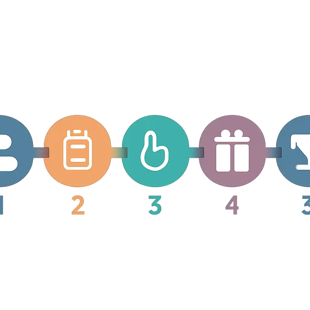 Five numbered circular icons connected by arrows in a horizontal flow, flat illustration, icons only, no words, BDG Game steps